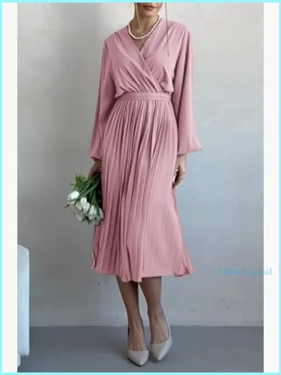 Midi Dress Long Puff Sleeve Wrap V Neck Flowy Ruffle Pleated Casual - Picture 4 of 7